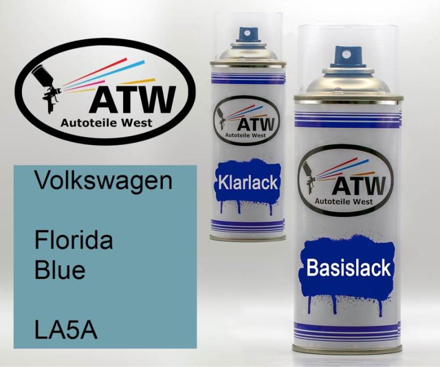 Volkswagen, Florida Blue, LA5A: 400ml Sprühdose + 400ml Klarlack - Set, von ATW Autoteile West.